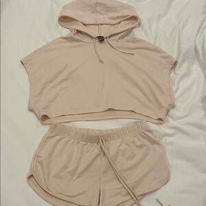 Pink cropped two piece set (tshirt hoodie + shorts)
